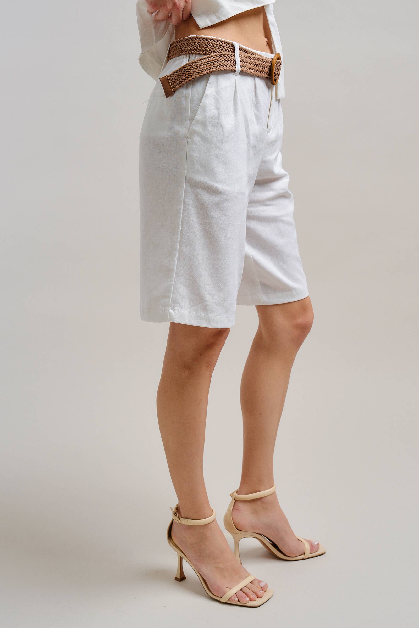Linen Belted Bermuda Shorts