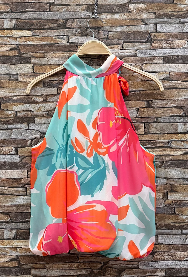 Italian Hibiscus Bow Halter Blouse