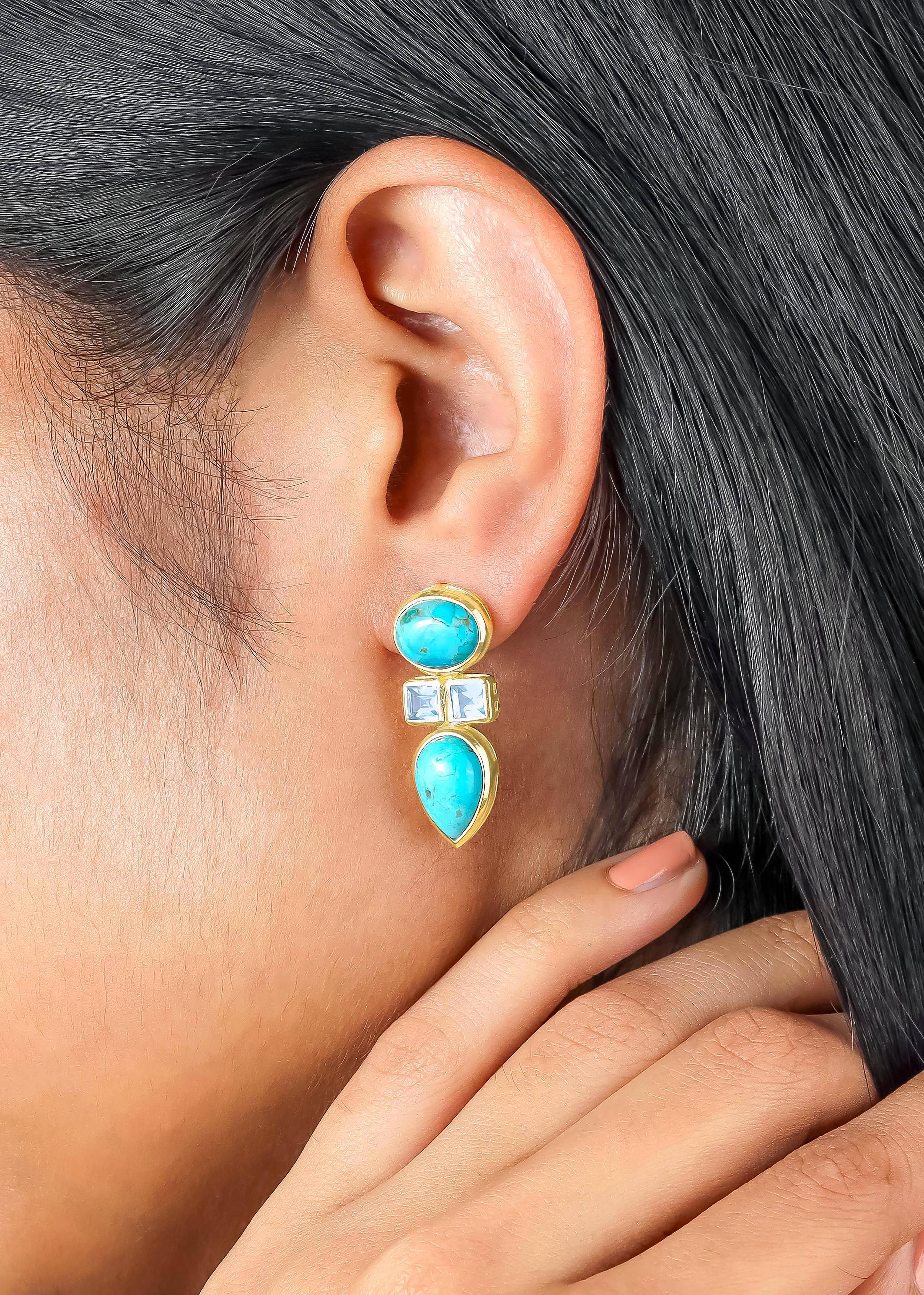 Gold Plated Turquoise and White Topaz Earring