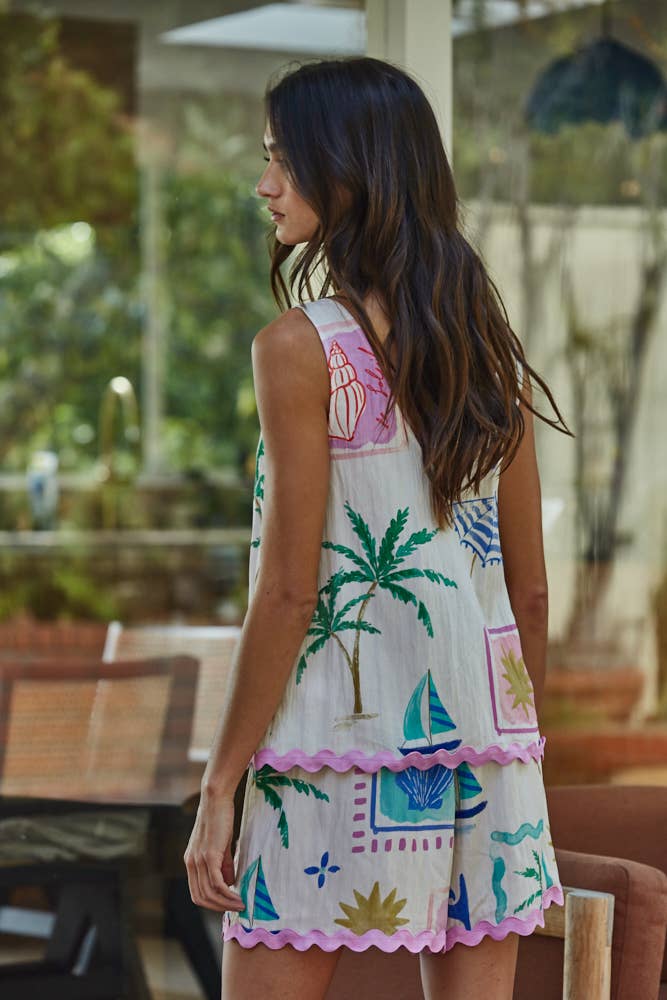 Coastal Print Sleeveless V-neck Top