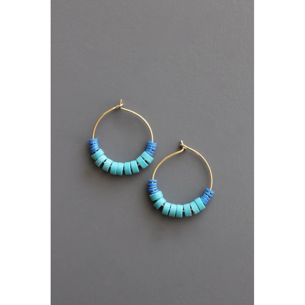 Pair of turquoise and blue vulcanite hoop earrings on gold plated loop 