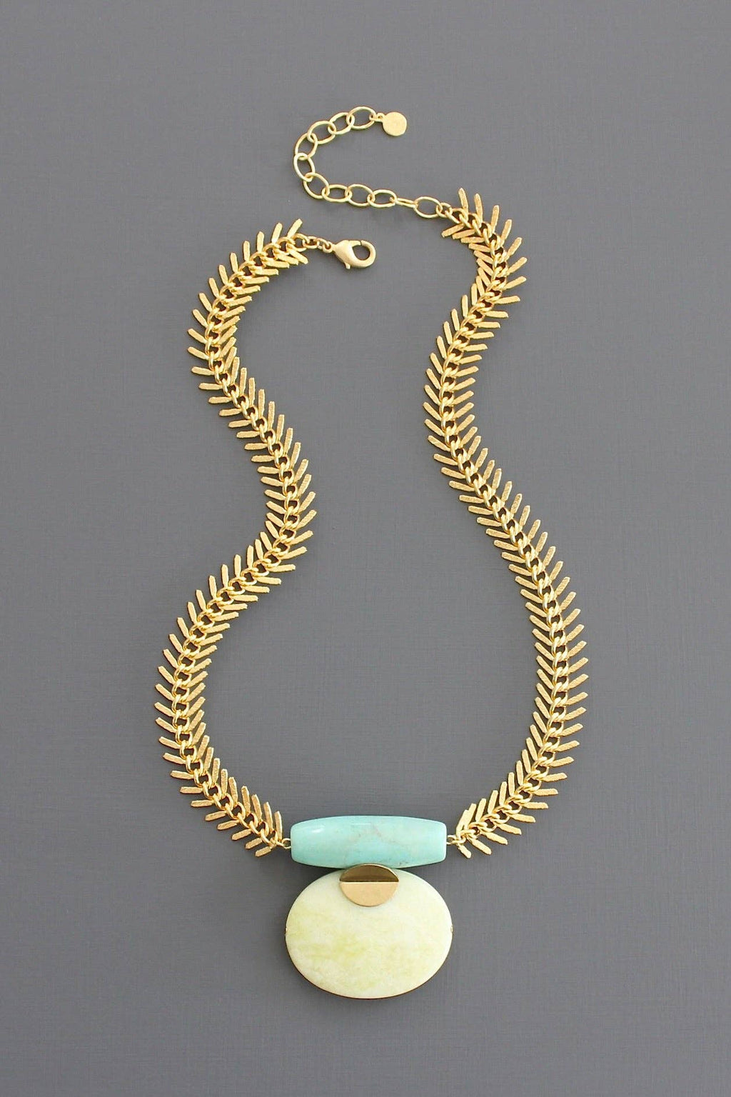 Turquoise and Lemon Herringbone Necklace Flatlay 
