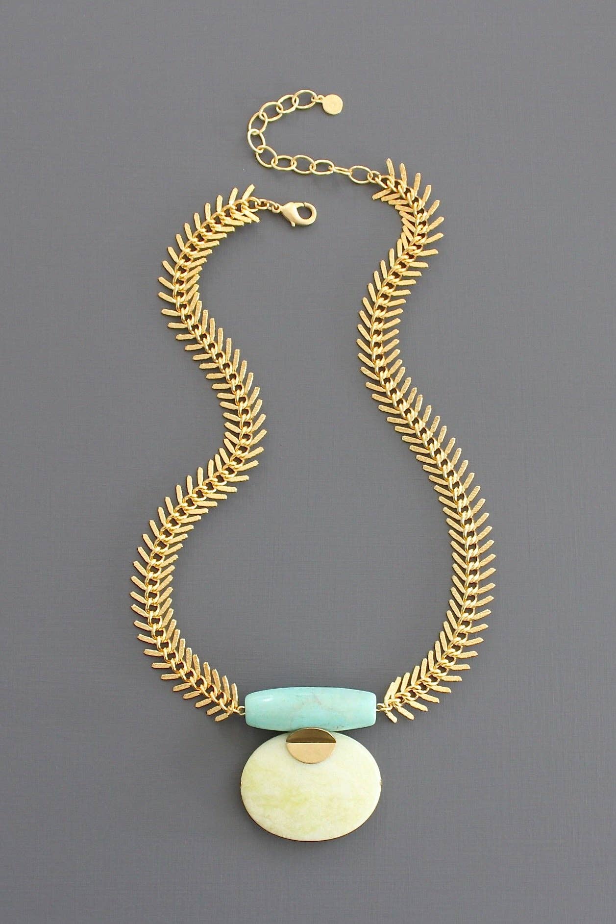 Turquoise and Lemon Herringbone Necklace Flatlay 