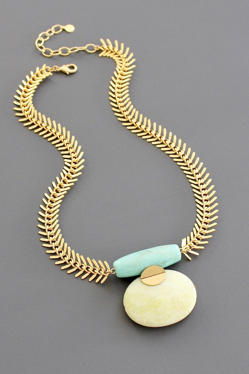 Turquoise and Lemon Herringbone Necklace with Gold 