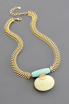 Turquoise and Lemon Herringbone Necklace with Gold 