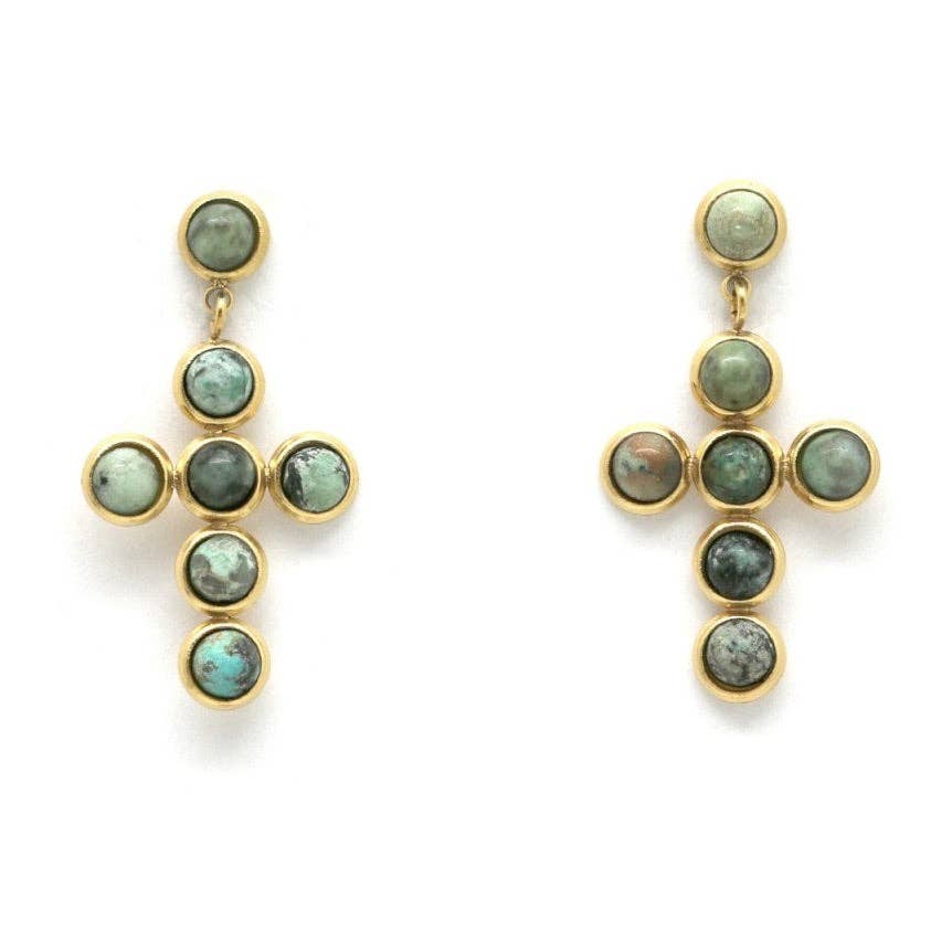 African Turquoise and Gold Cross Earrings