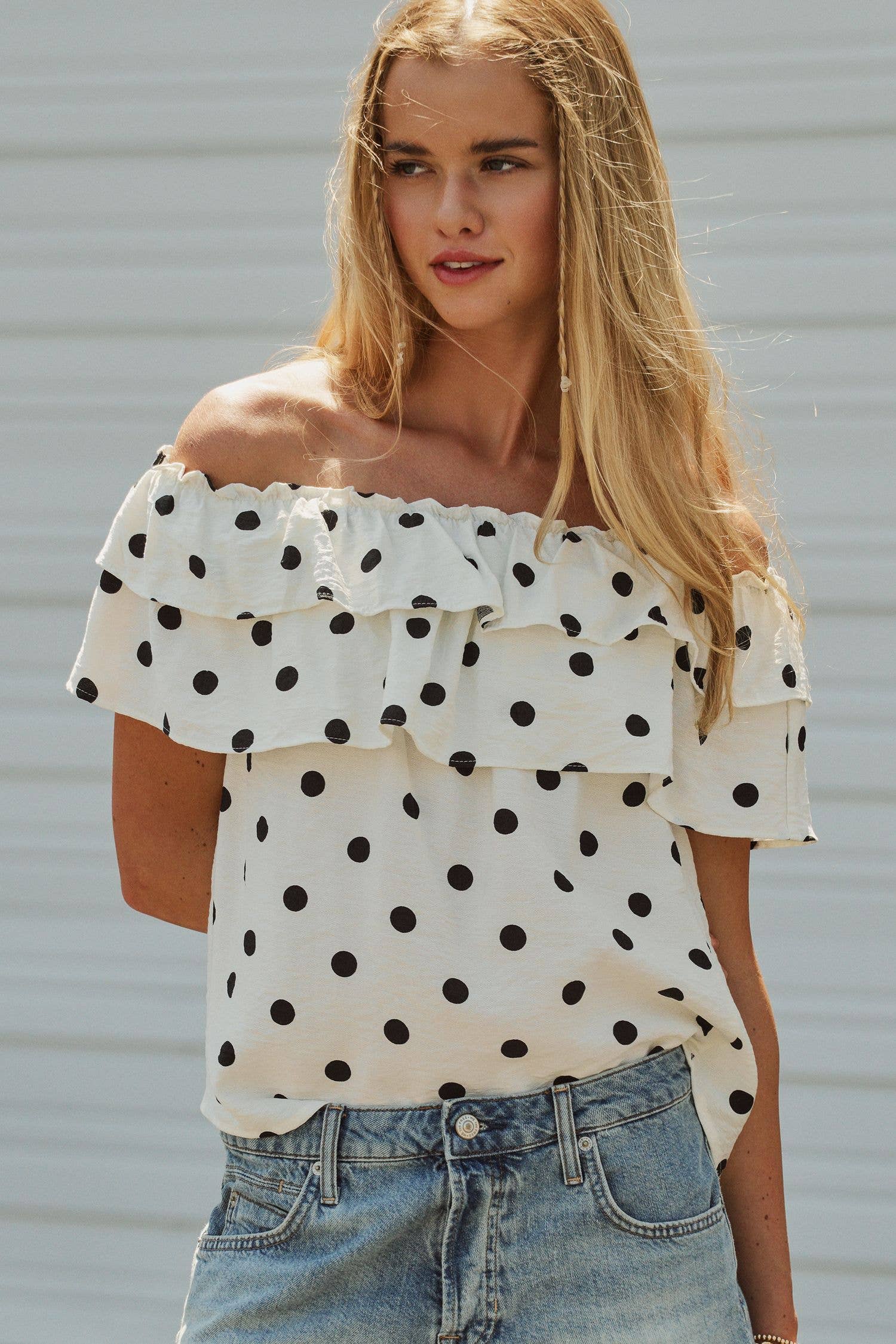 Polka Dot Off-Shoulder Ruffle Top