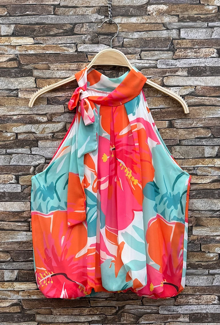 Italian Hibiscus Bow Halter Blouse
