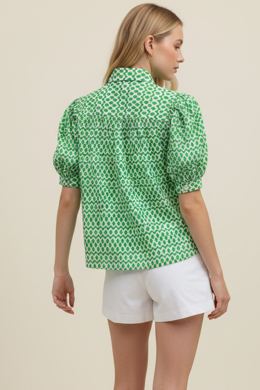 Geometric Print Button Down Blouse