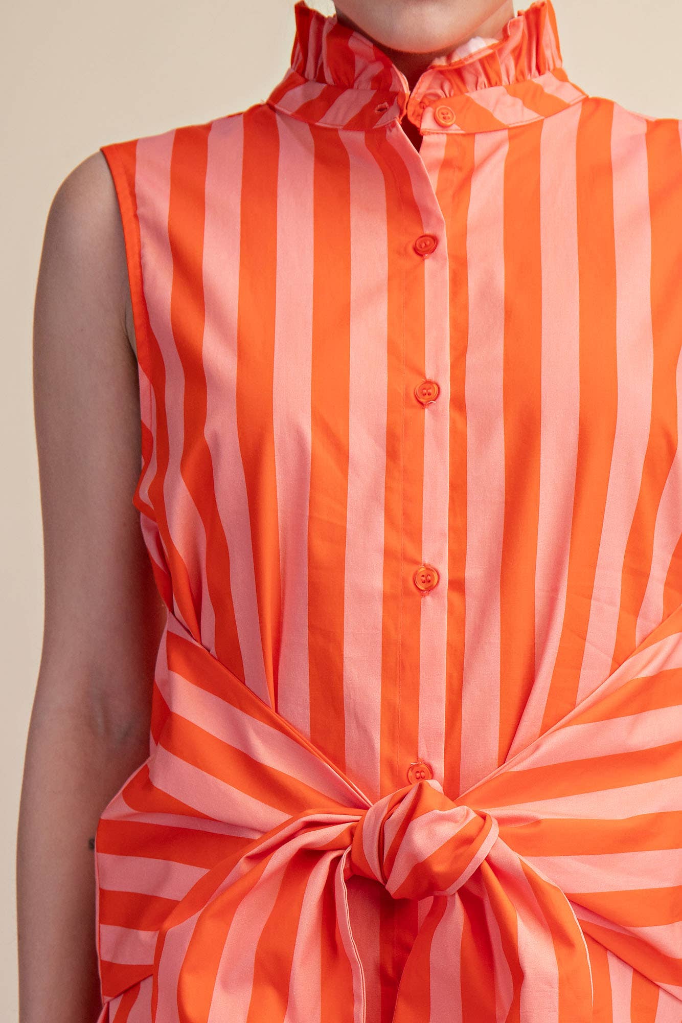Ruffle Neck Waist Tie Striped Mini Dress