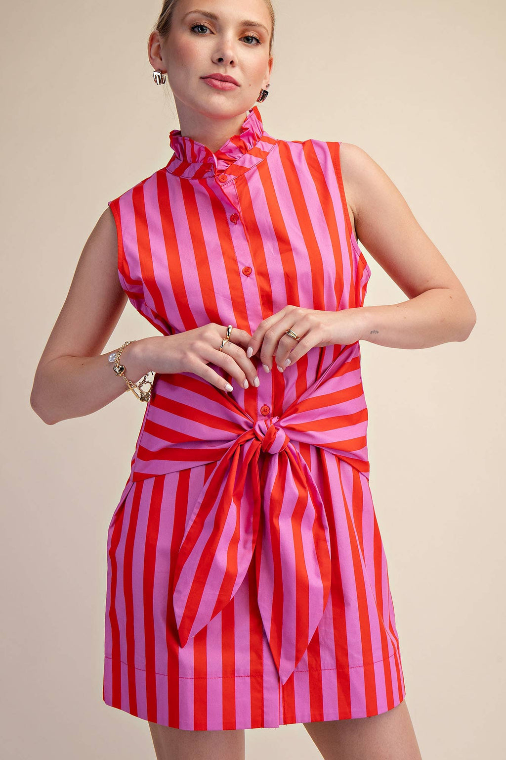 Ruffle Neck Waist Tie Striped Mini Dress