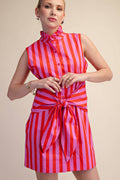Ruffle Neck Waist Tie Striped Mini Dress