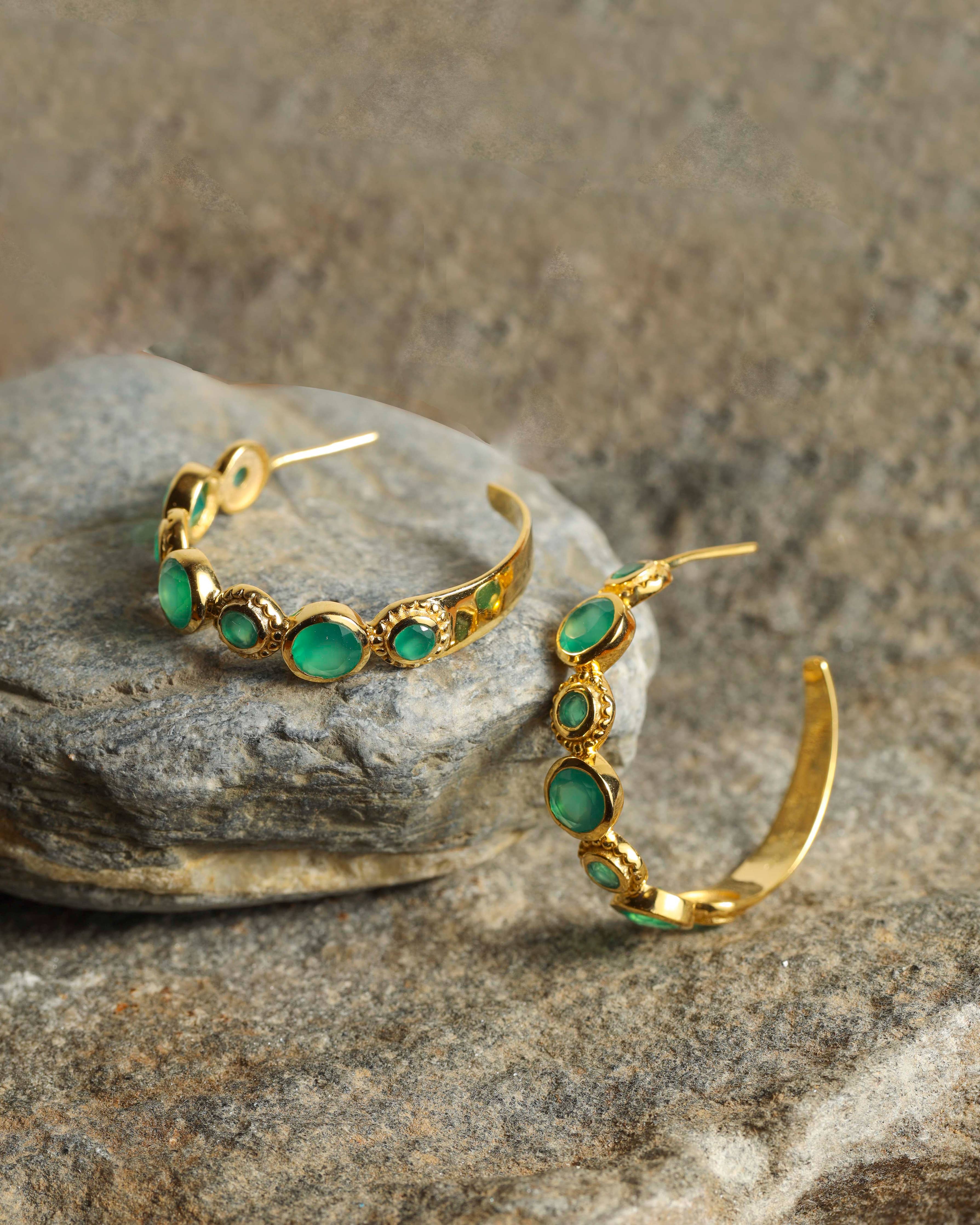 Gold Plated Green Onyx Hoop Earring