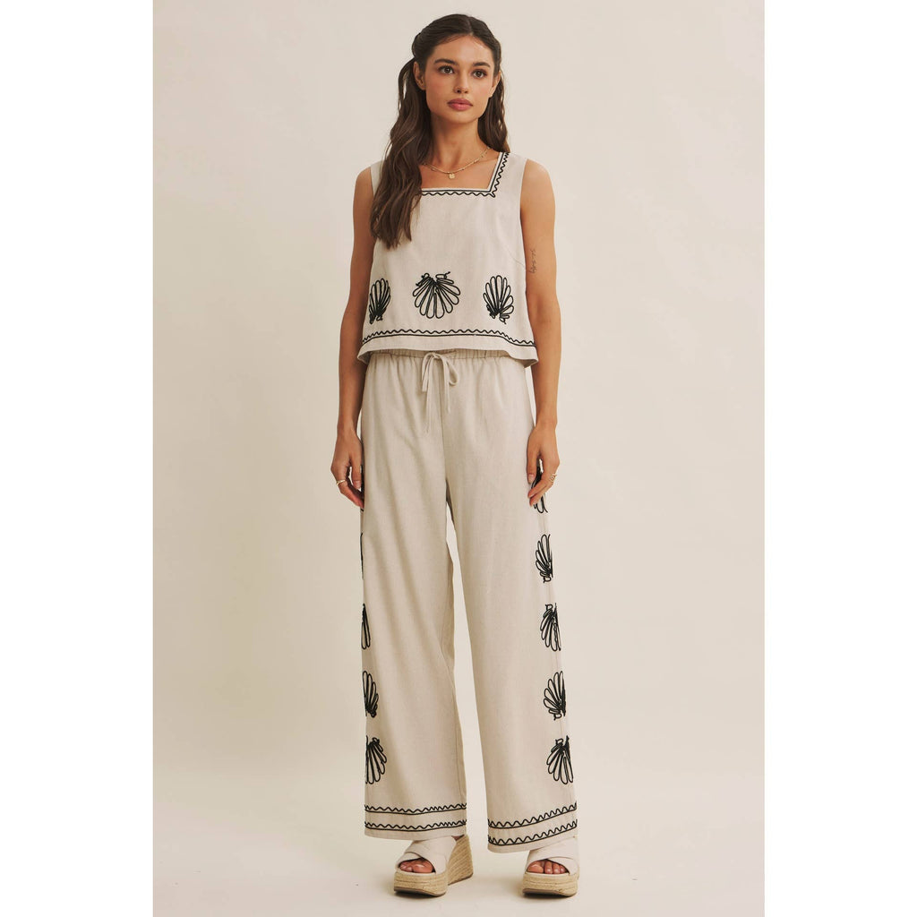 Seashell Embroidered Wide Leg Pants