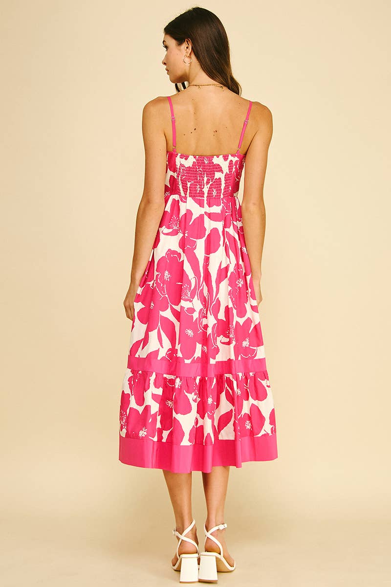 Pink Floral Tiered Midi Dress
