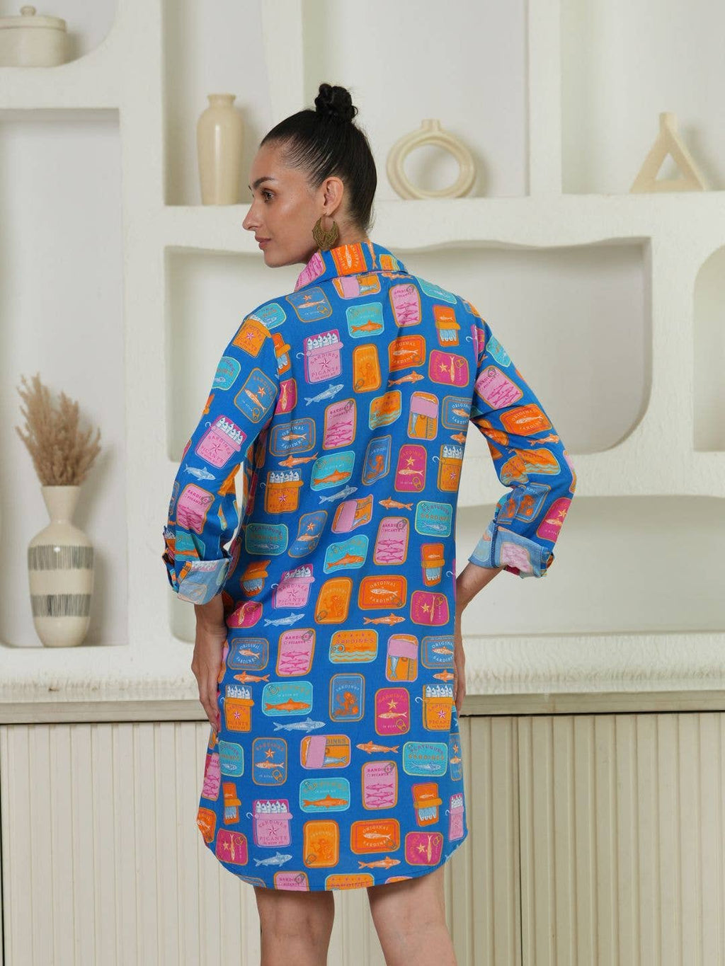 Blue Sardine Print Shirt Dress