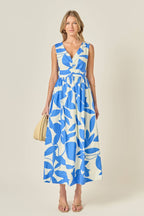 Blue Printed Ruched Midi Dress