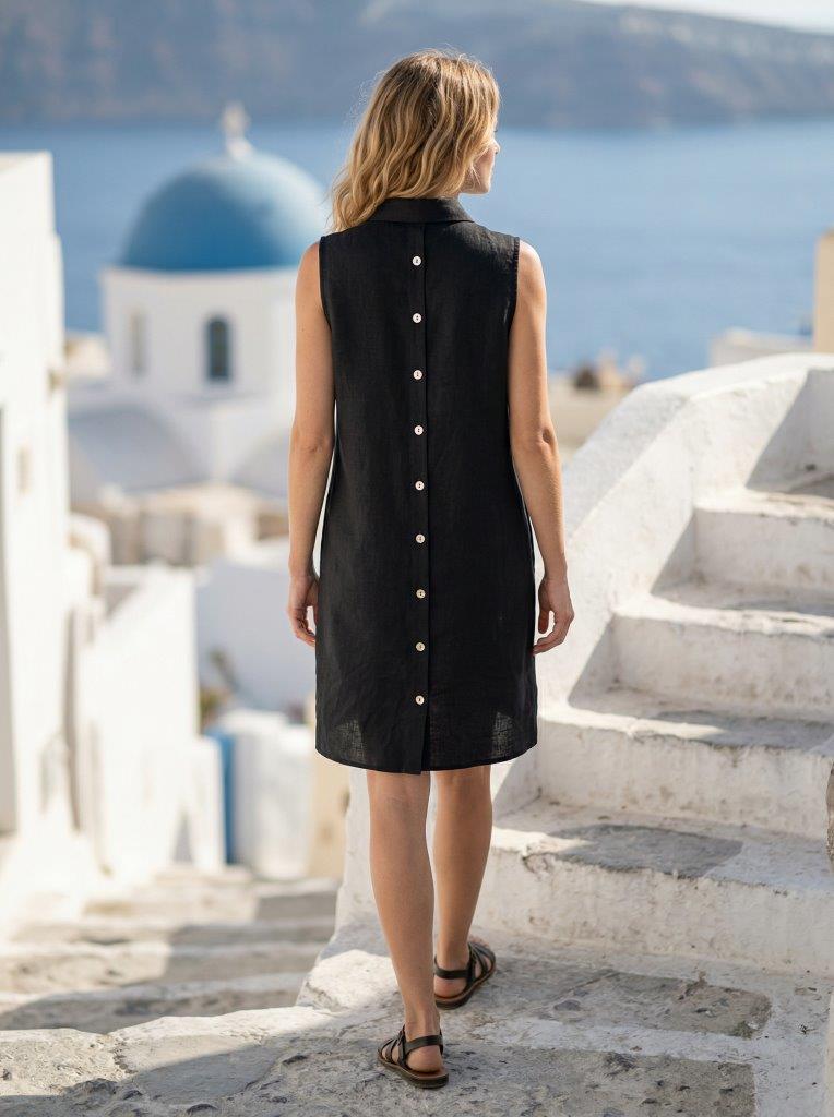 Sleeveless Black Linen Button Dress