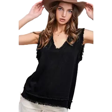 Gauze Cut Edge V-neck Top