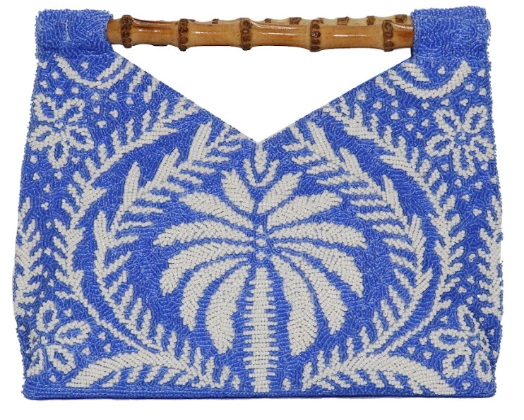 Blue and White Palm Tree Beaded Bamboo Top Handle Bag