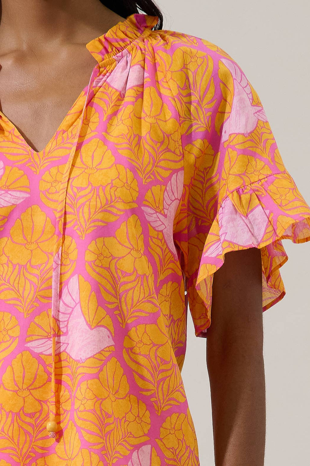 Jaidy Floral Bird Split Neck Top