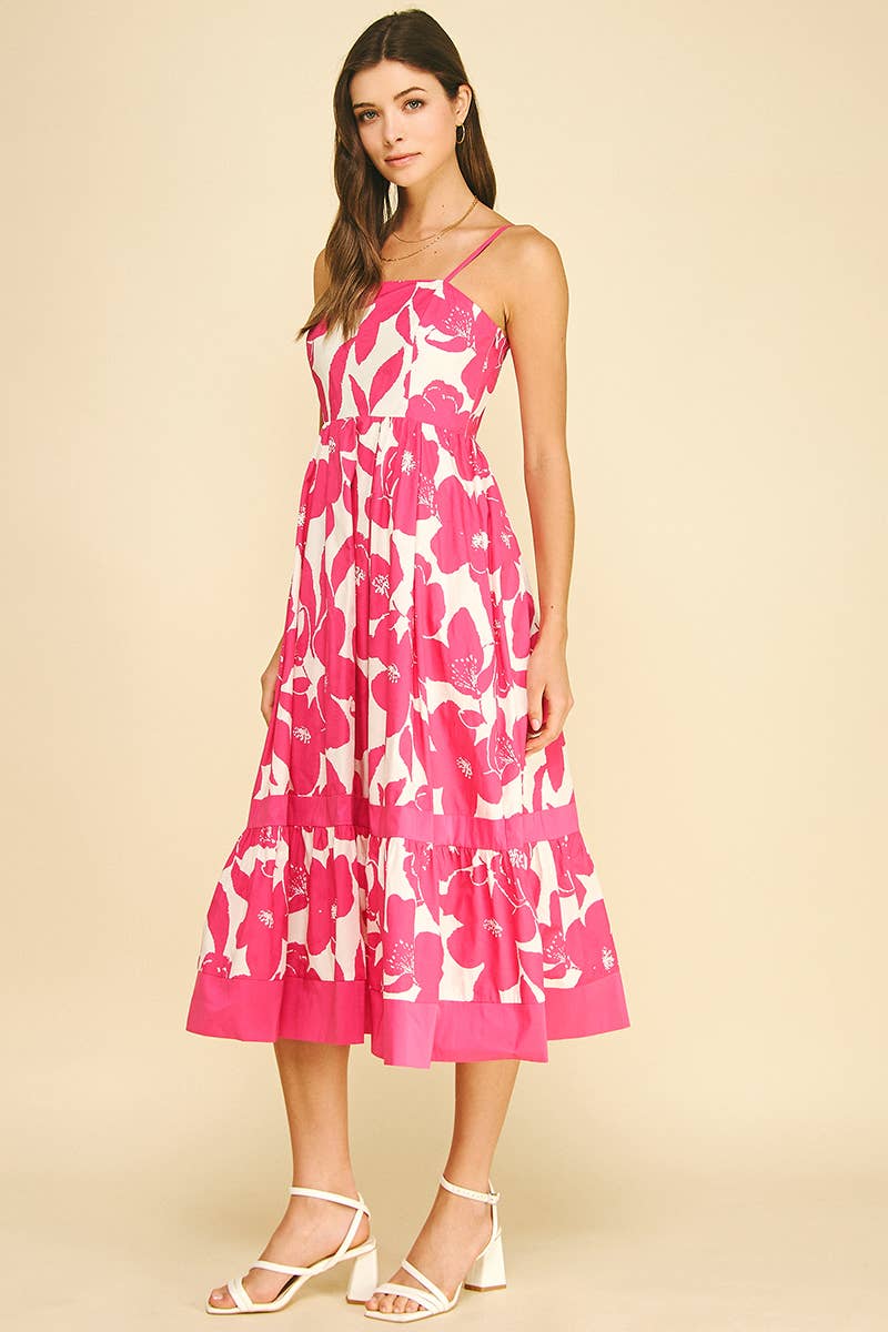 Pink Floral Tiered Midi Dress