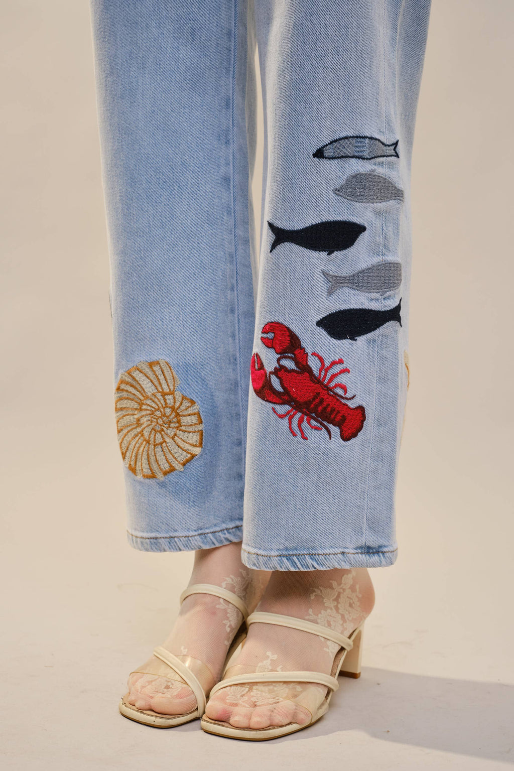 Ocean Embroidered Straight Leg Jeans
