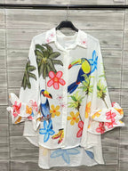 Tropical Ruffle Bell Sleeve Top