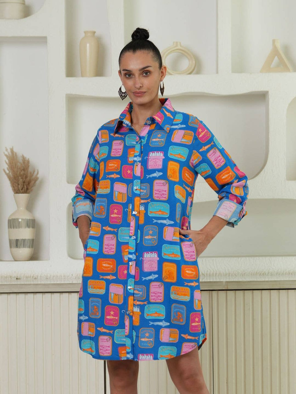 Blue Sardine Print Shirt Dress