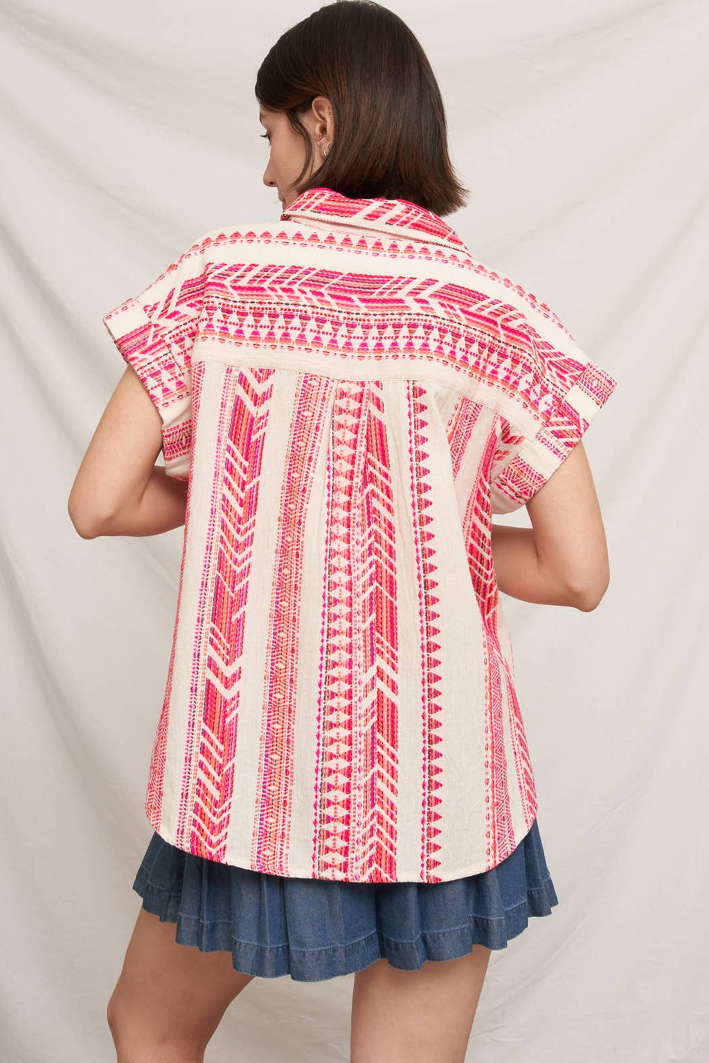 Ivory and Pink Embroidered Button Down