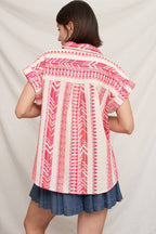 Ivory and Pink Embroidered Button Down