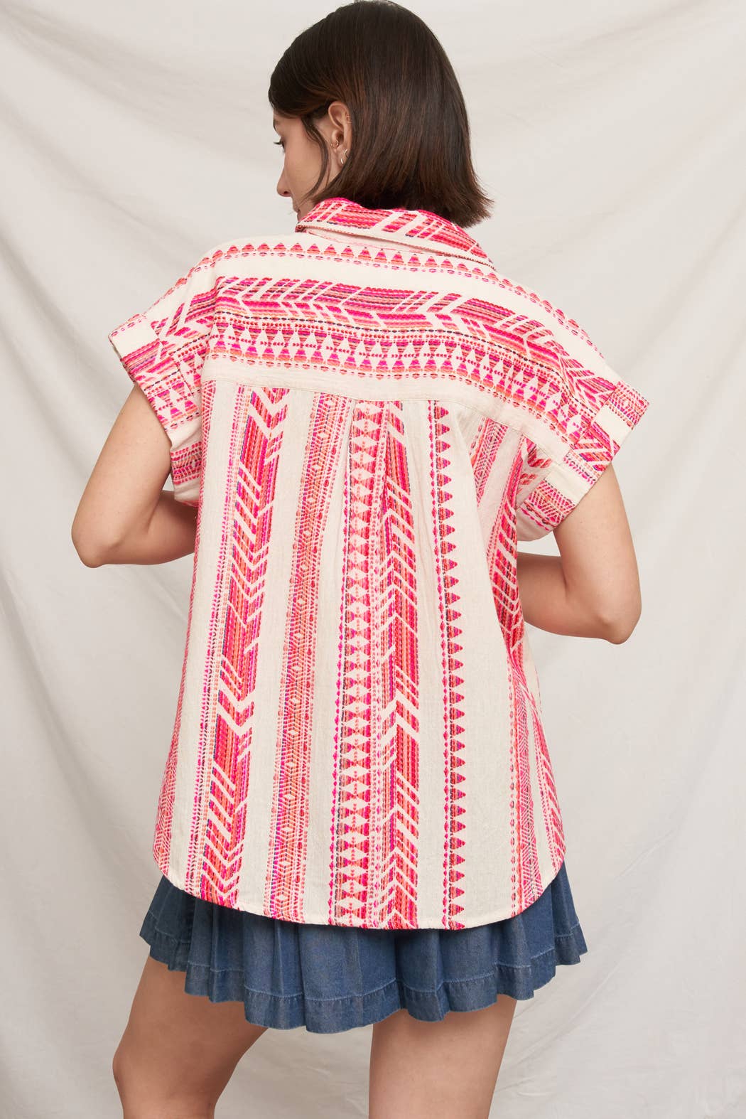 Ivory and Pink Embroidered Button Down