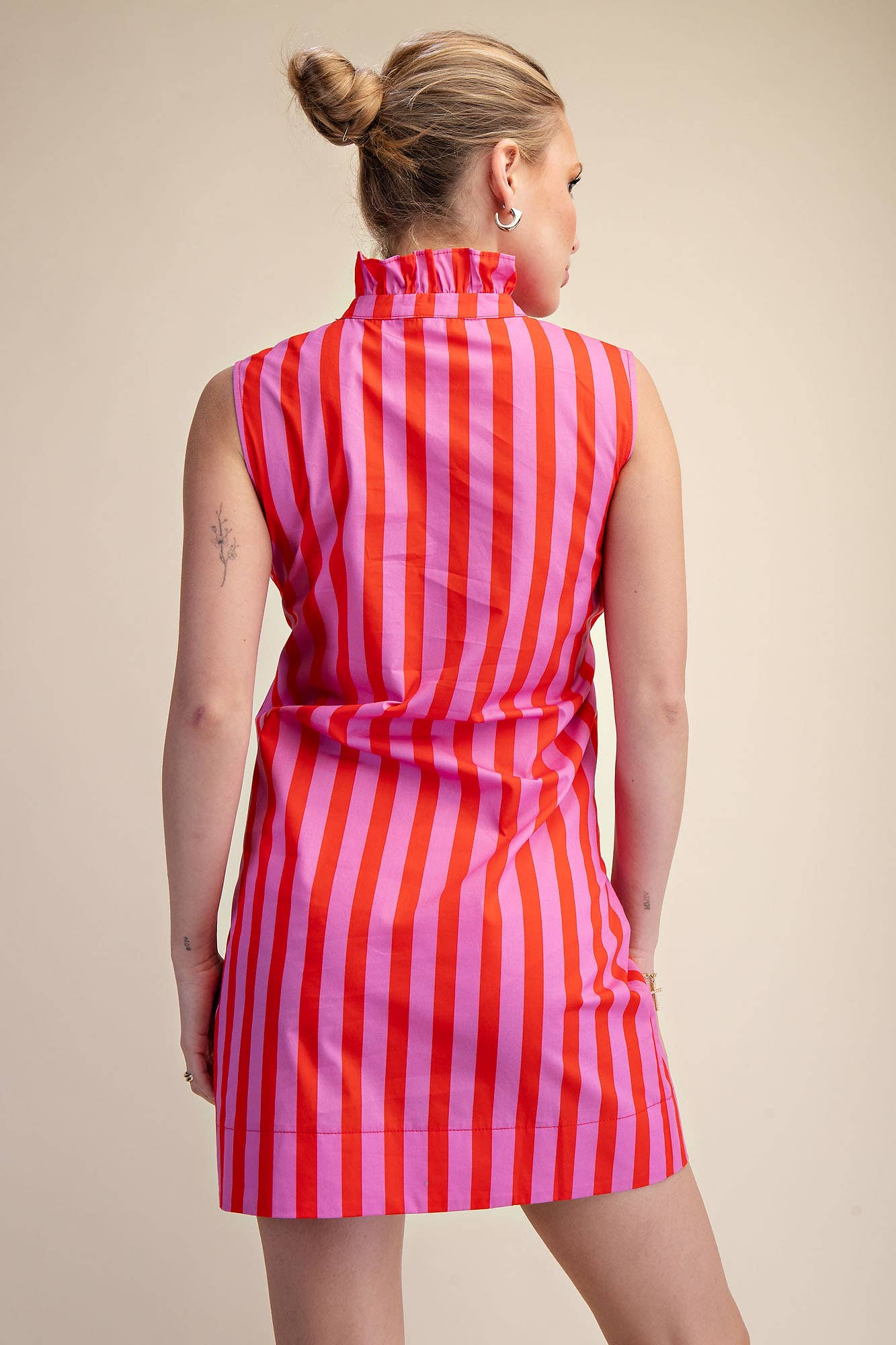 Ruffle Neck Waist Tie Striped Mini Dress