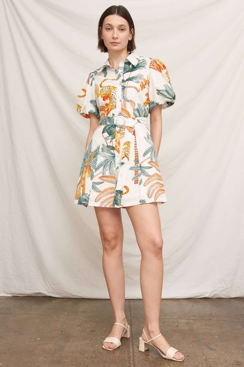 Jungle Puff Sleeve Belted Mini Dress