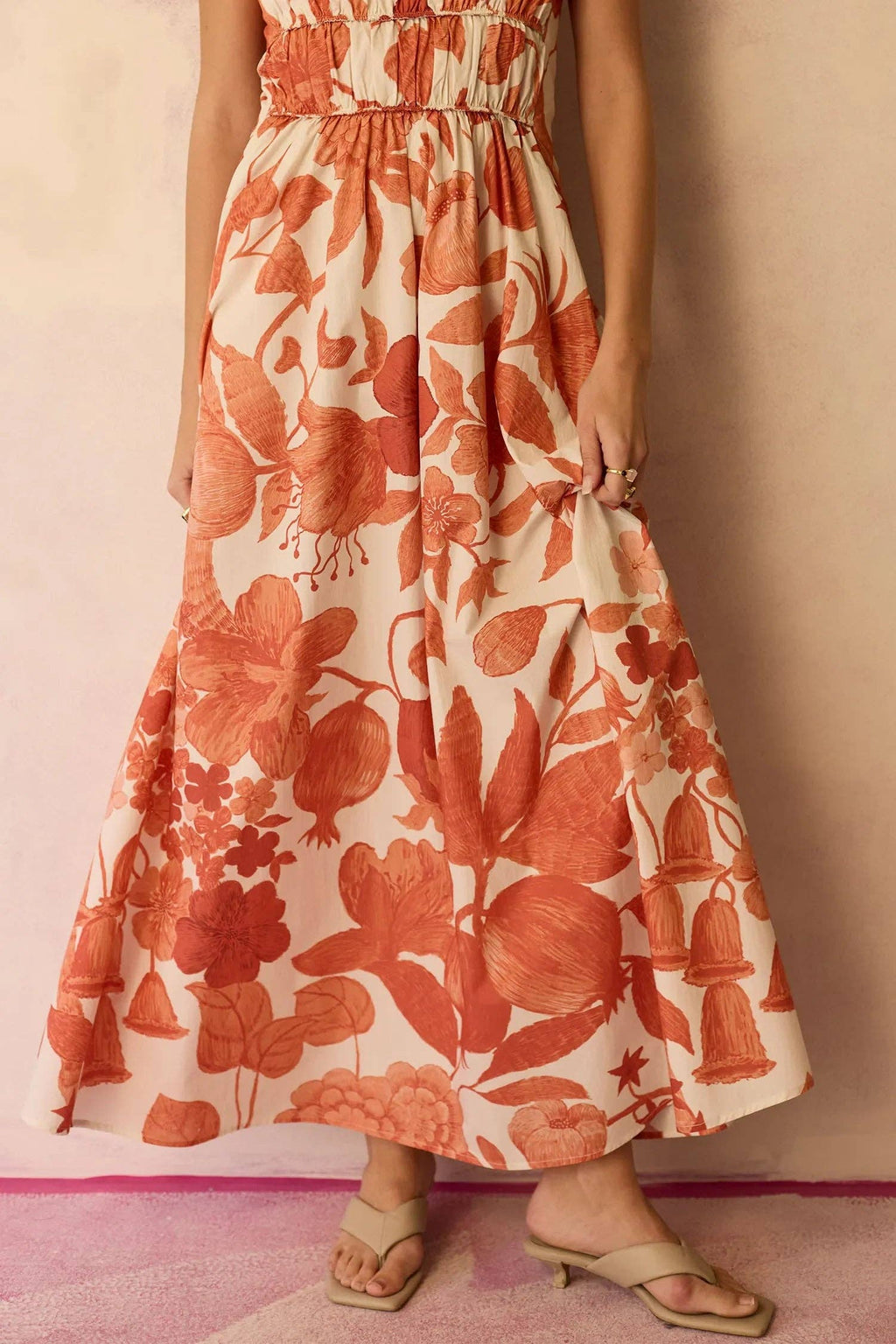 Hibiscus Smocked Maxi Dress - Coral