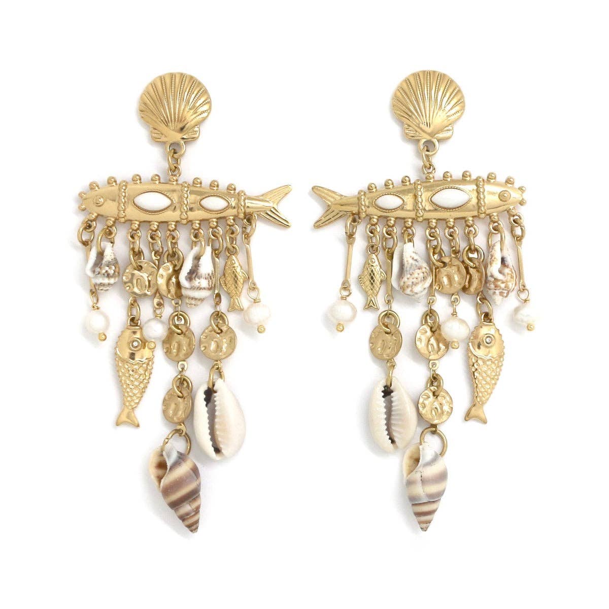 Museum Style Fish and Seashell Dangle Earrings