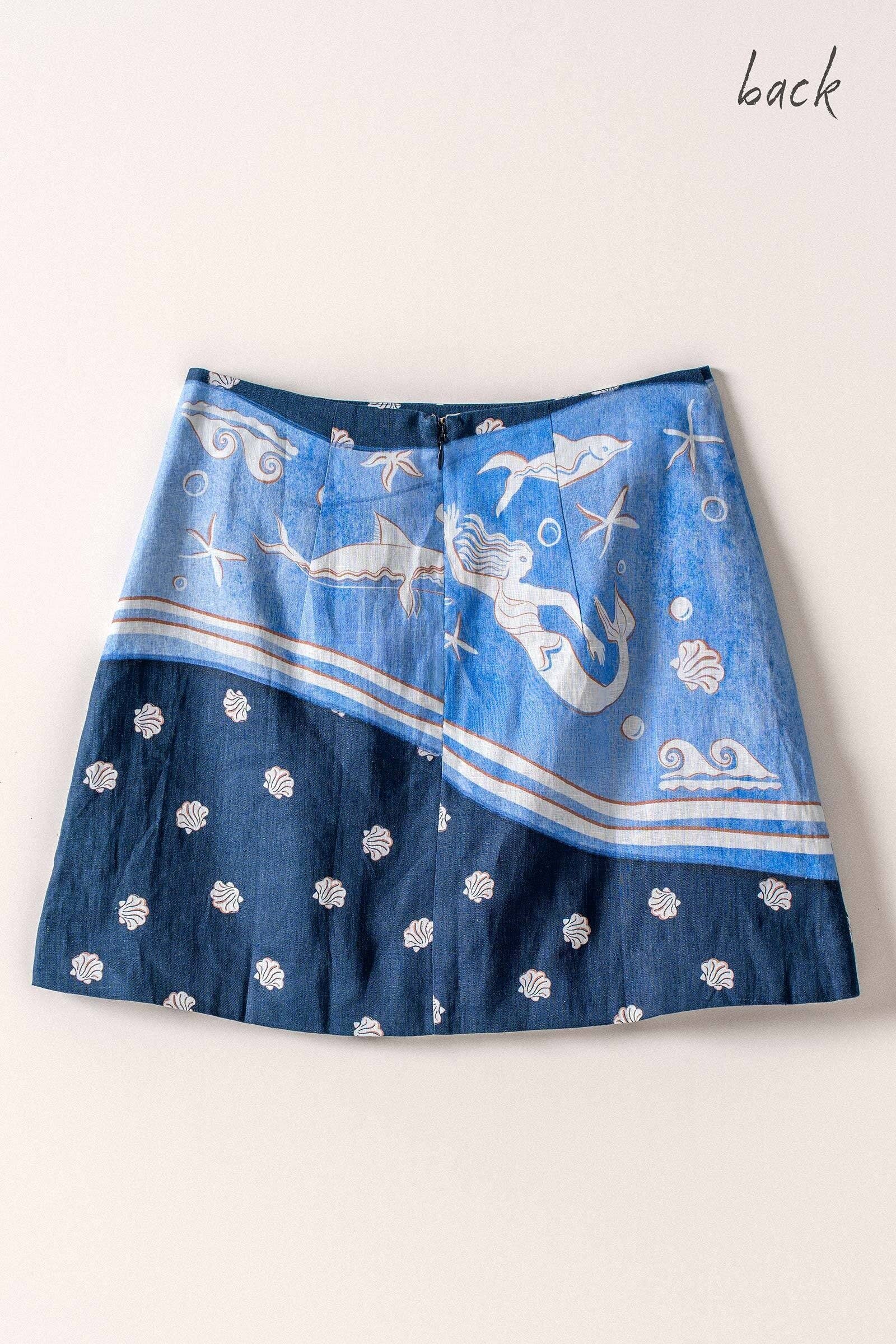 Ocean Print Wrap Skirt With Tie Waist