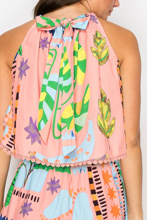 Coral Retro Tropical Print Top