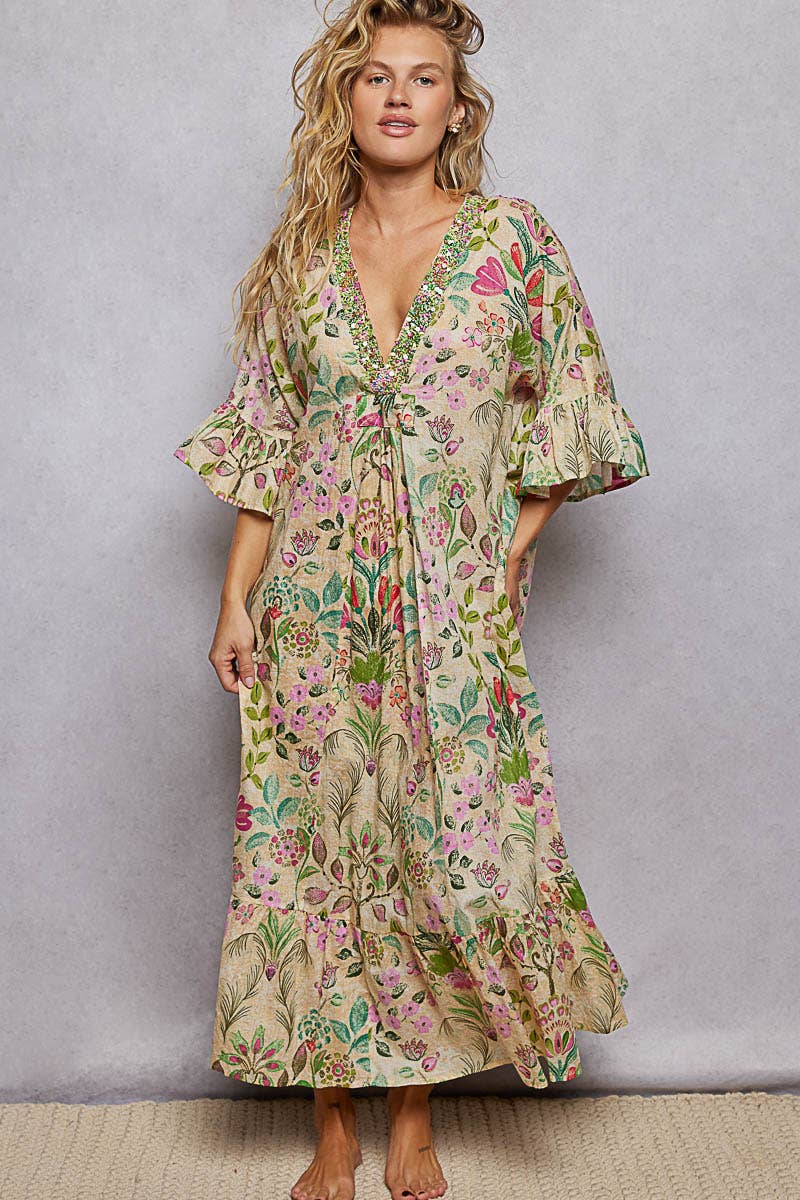 Deep V-Neck Beaded Maxi Dress