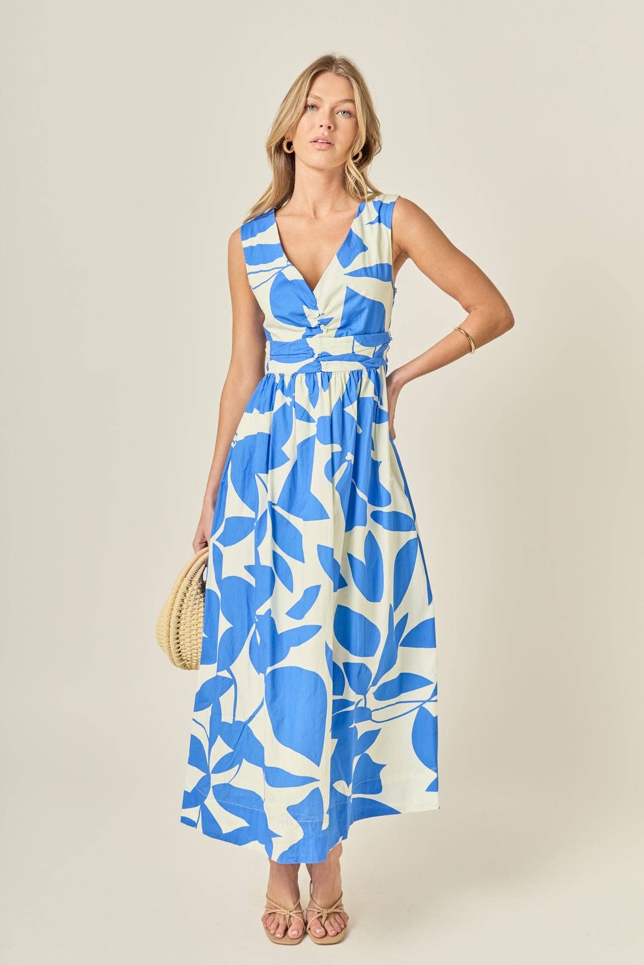 Blue Printed Ruched Midi Dress