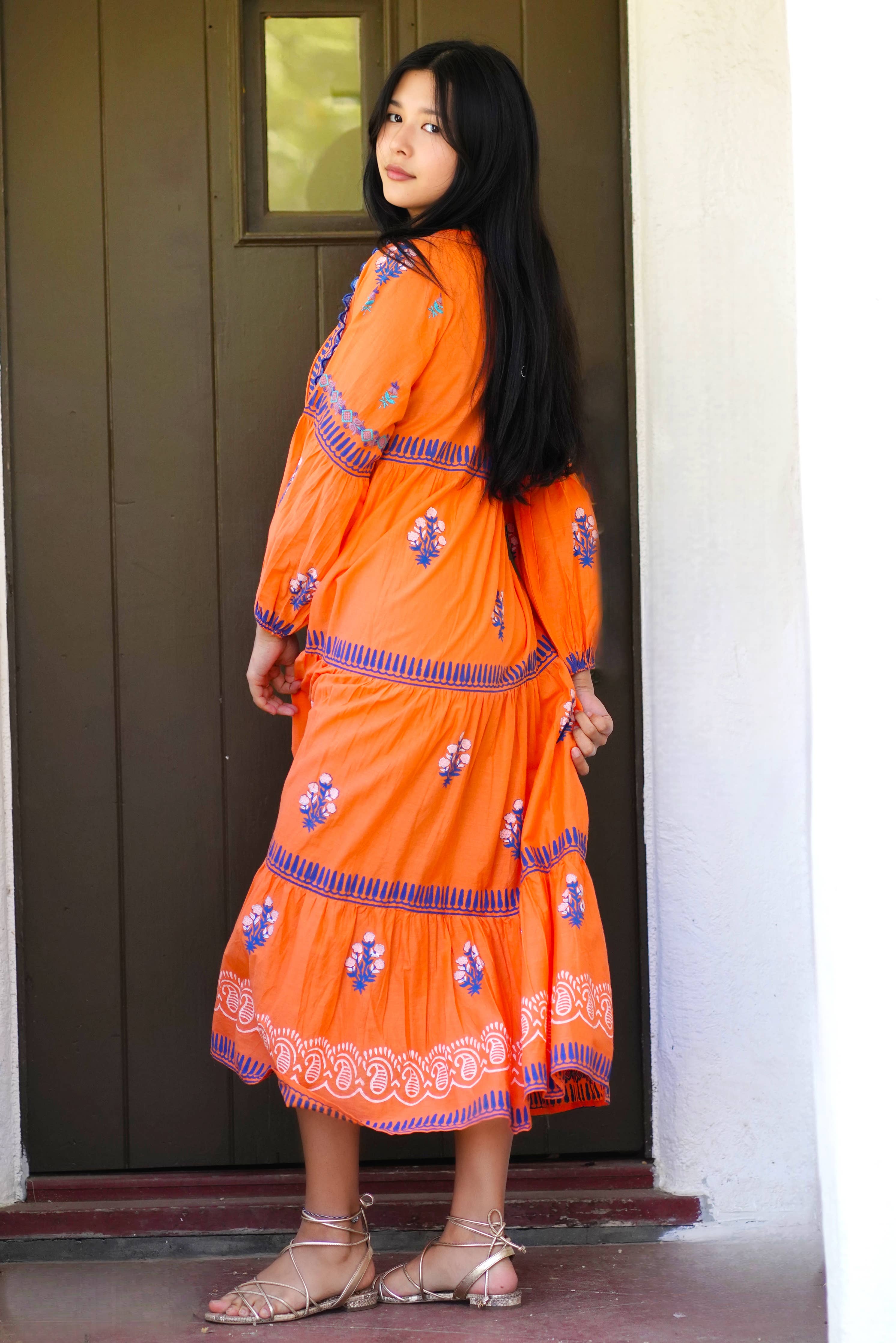 Orange Hand-Block Printed Dress