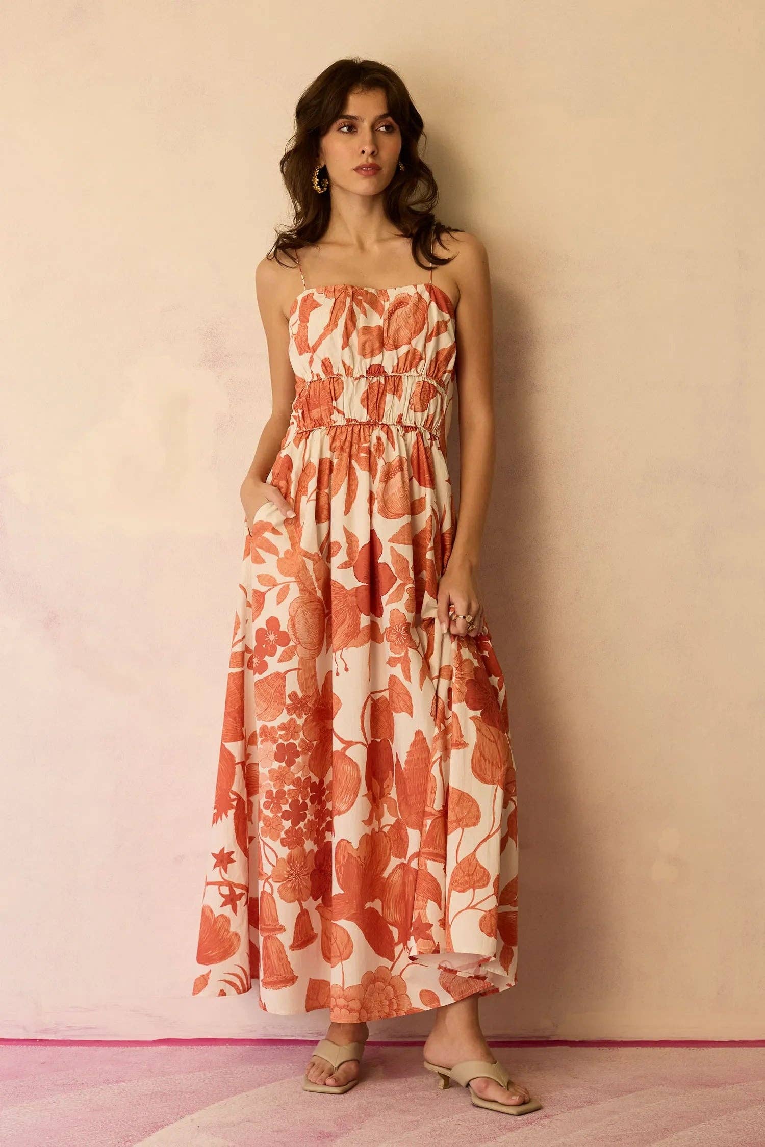 Hibiscus Smocked Maxi Dress - Coral