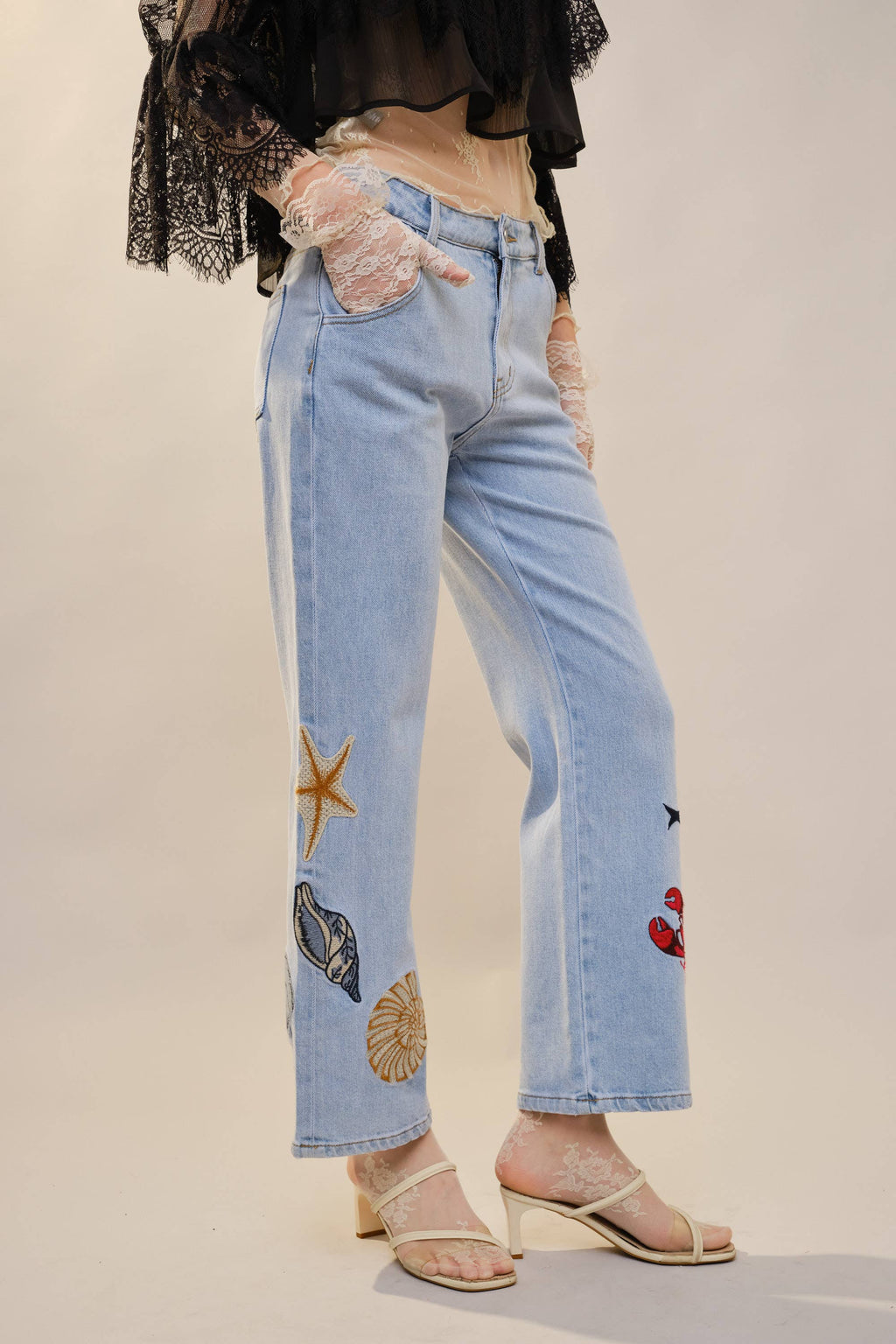 Ocean Embroidered Straight Leg Jeans