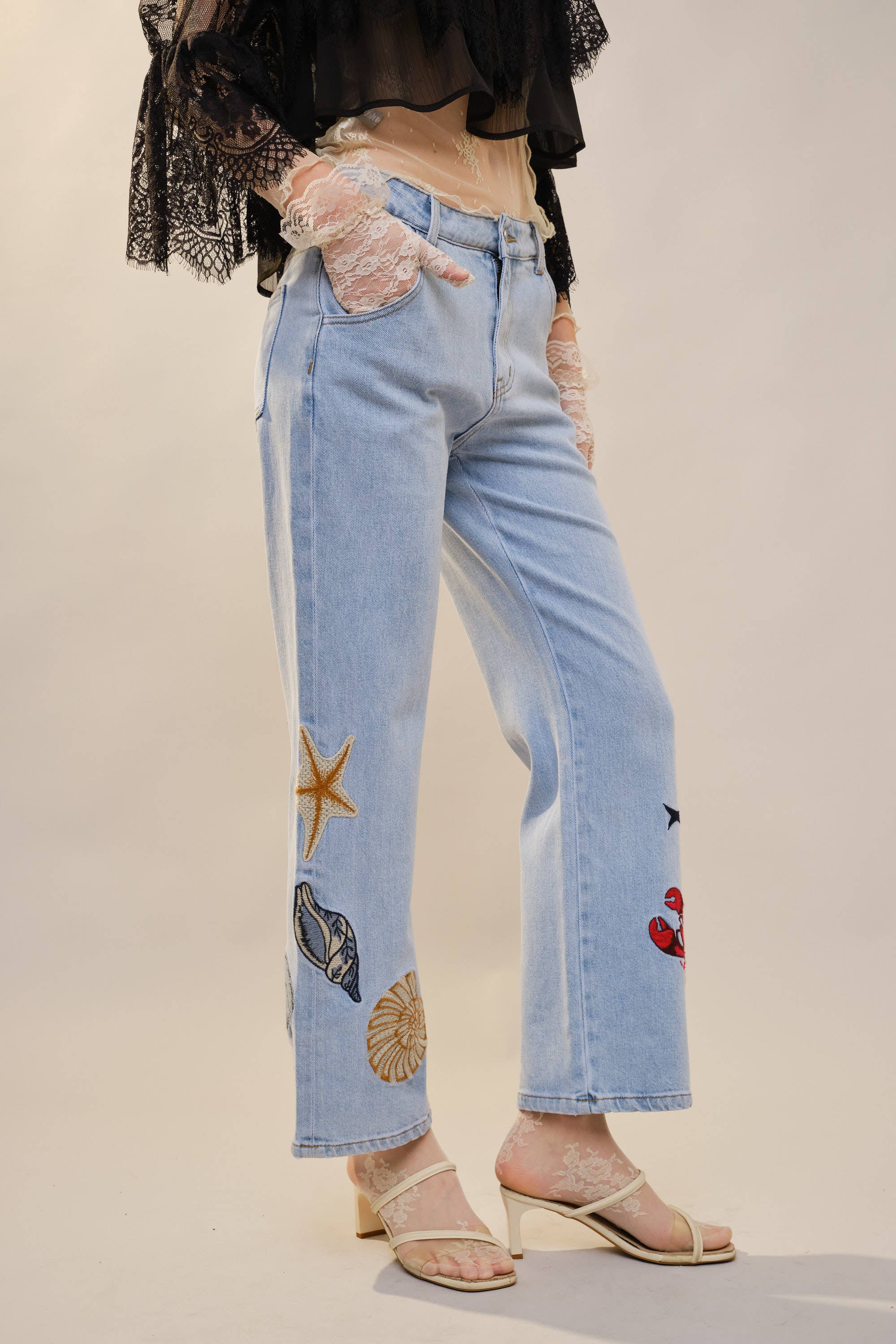 Ocean Embroidered Straight Leg Jeans