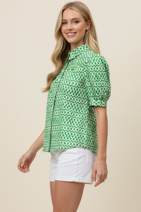 Geometric Print Button Down Blouse