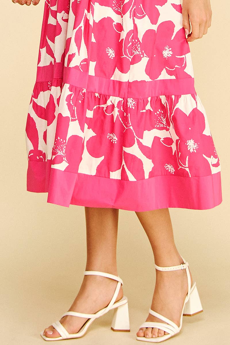 Pink Floral Tiered Midi Dress