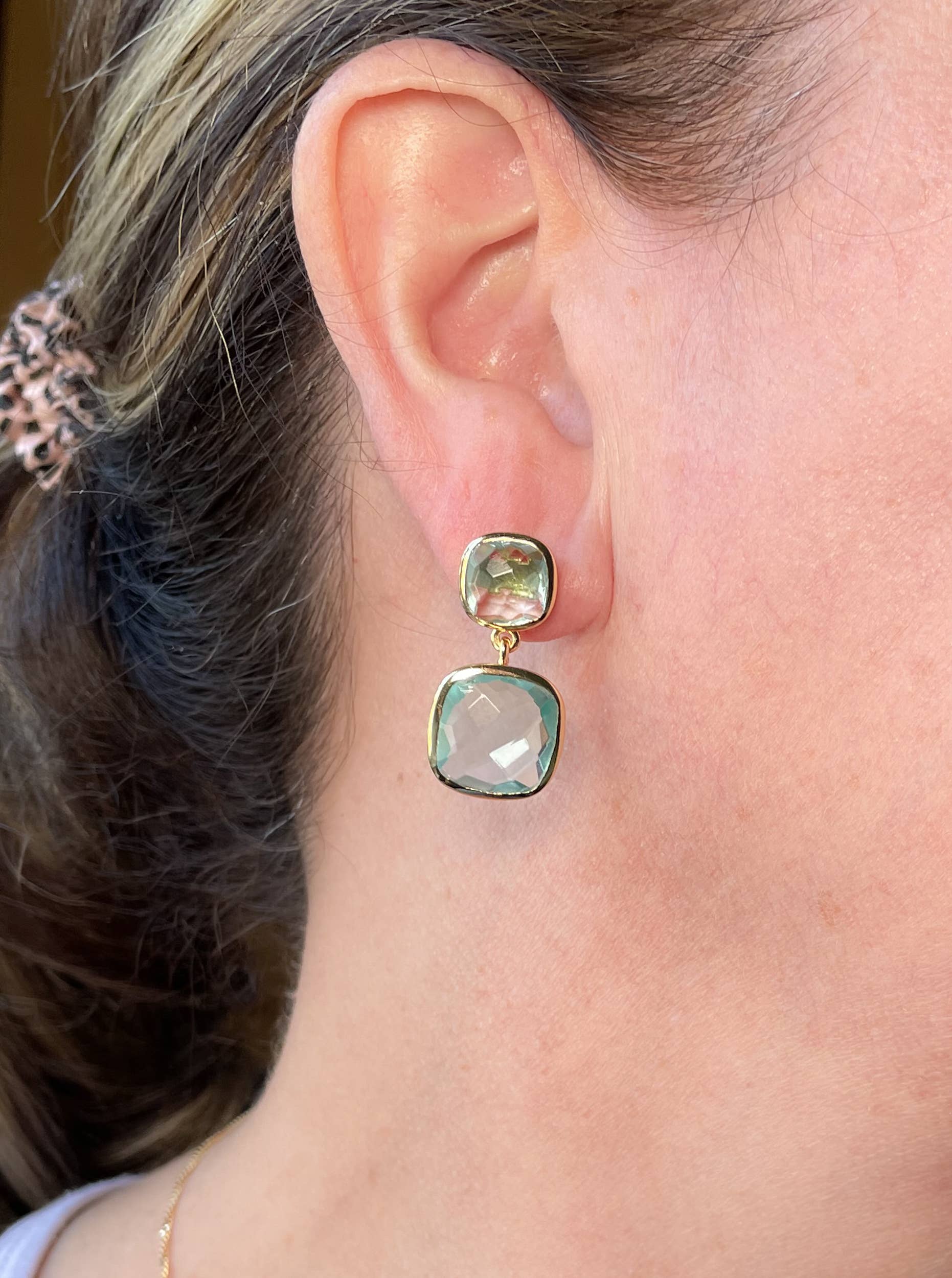 Cushion Cut Double Drop Blue Topaz Earrings