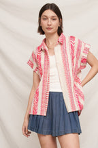 Ivory and Pink Embroidered Button Down