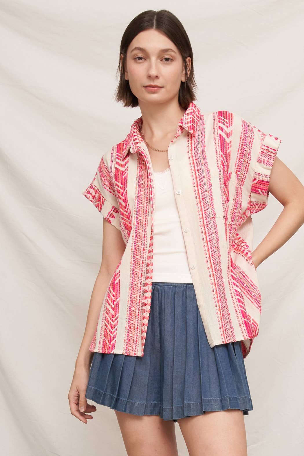 Ivory and Pink Embroidered Button Down