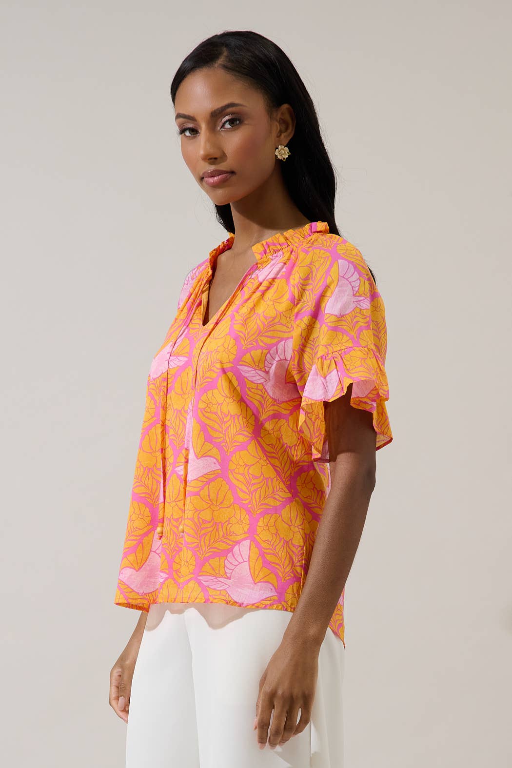 Jaidy Floral Bird Split Neck Top